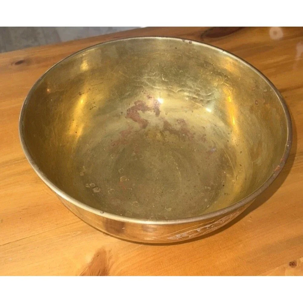 Large Vintage Asian Carved Brass Bowl Engraved Floral Birds